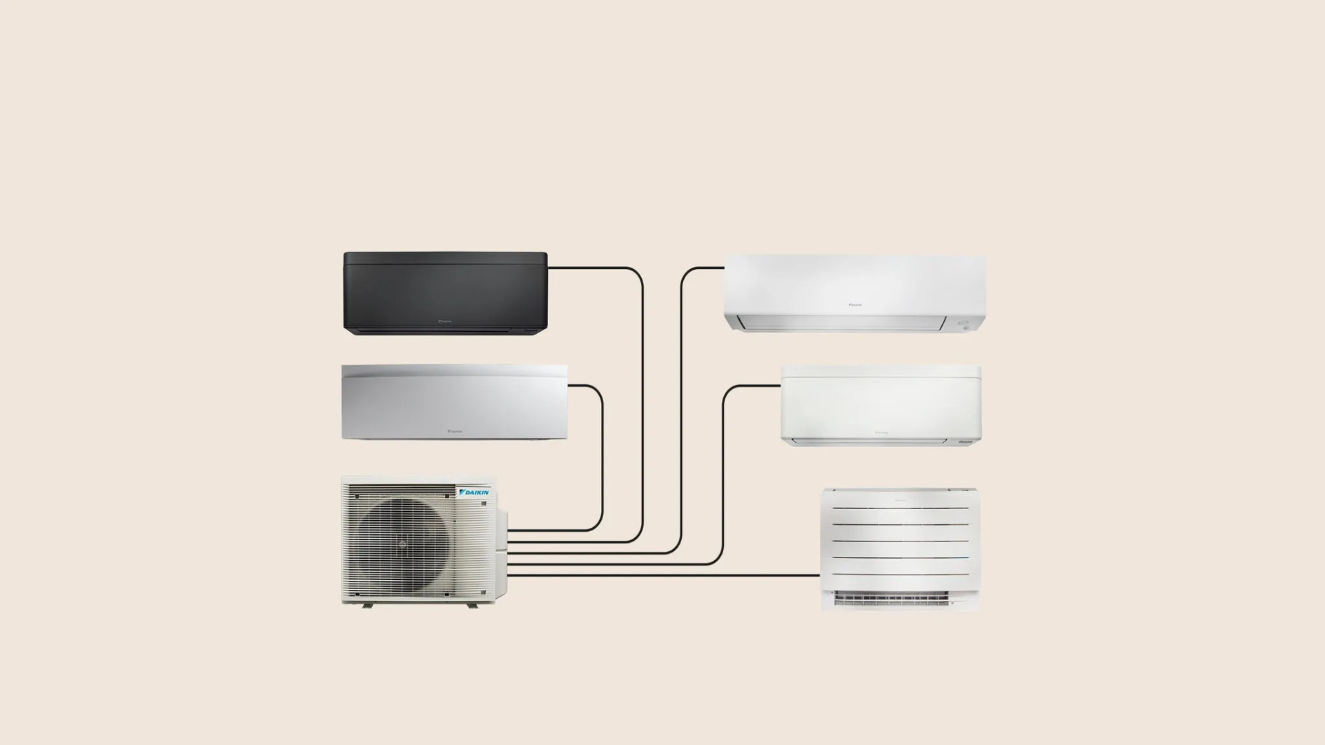 Range of Daikin indoor units including black and white wall-mounted Stylish, Emura and Perfera models and a floor-standing unit